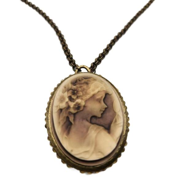 Vintage Brass Tone Victorian Revival Cameo Necklace, Celebrity NY - Picture 6 of 10